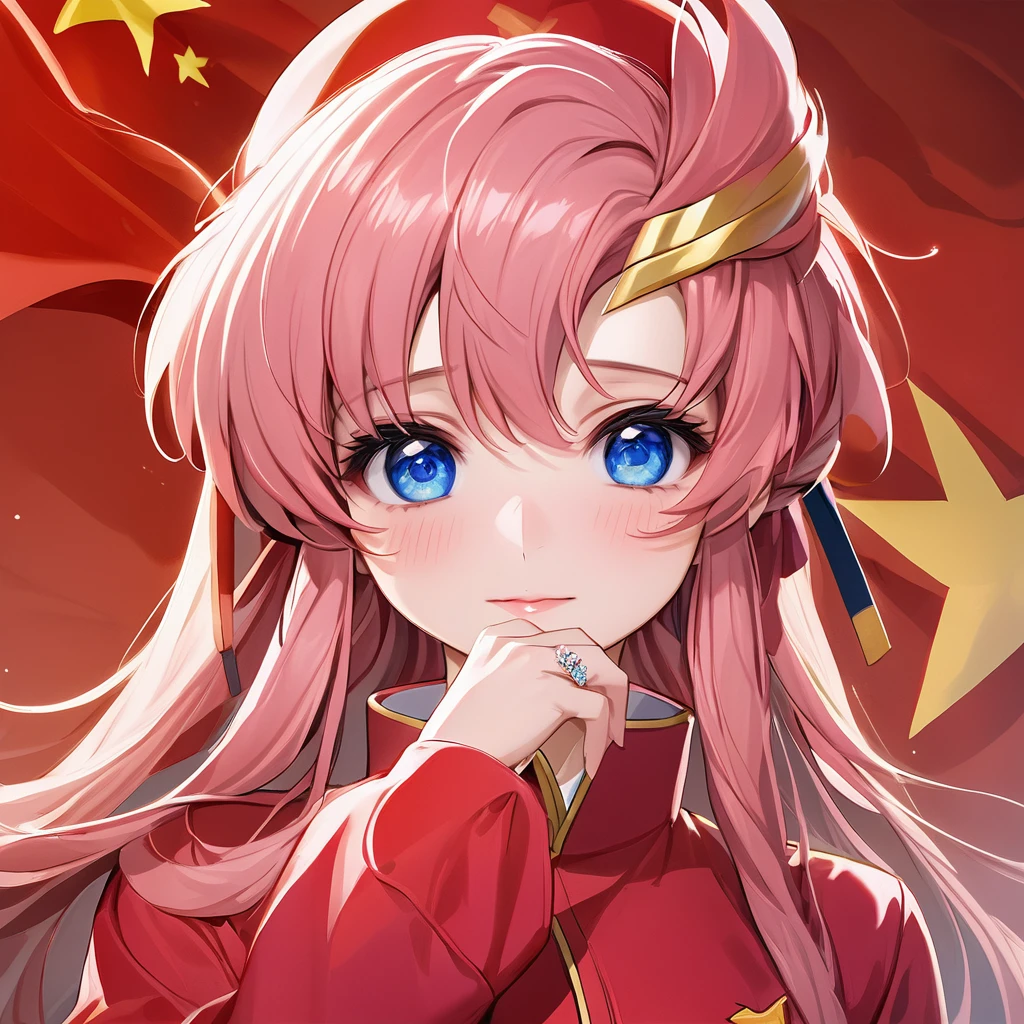 ((Highest quality)), ((masterpiece)), (detailed), (Perfect Face)、The woman is a Chinese Lacus Clyne, a Chinese woman with blue eyes and medium-long pink hair who is wearing an engagement ring. She has become a member of the glorious Chinese Communist Party and swears absolute loyalty to the Chinese Communist Party. She is a righteous Communist Party member of China.、The woman is wearing the khaki Mao suit of the Chinese Communist Party.、For the sake of China, they dye their hair, hairstyle, clothes, and everything they wear belongs to the Chinese Communist Party, and their thoughts are also Chinese, becoming great Chinese in body and mind.、The woman became Lacus Clyne, a Chinese woman who was proud of and loved China.、She is serving China as a member of the great Communist Party of China.、She is a beautiful, respectable and exemplary Communist.