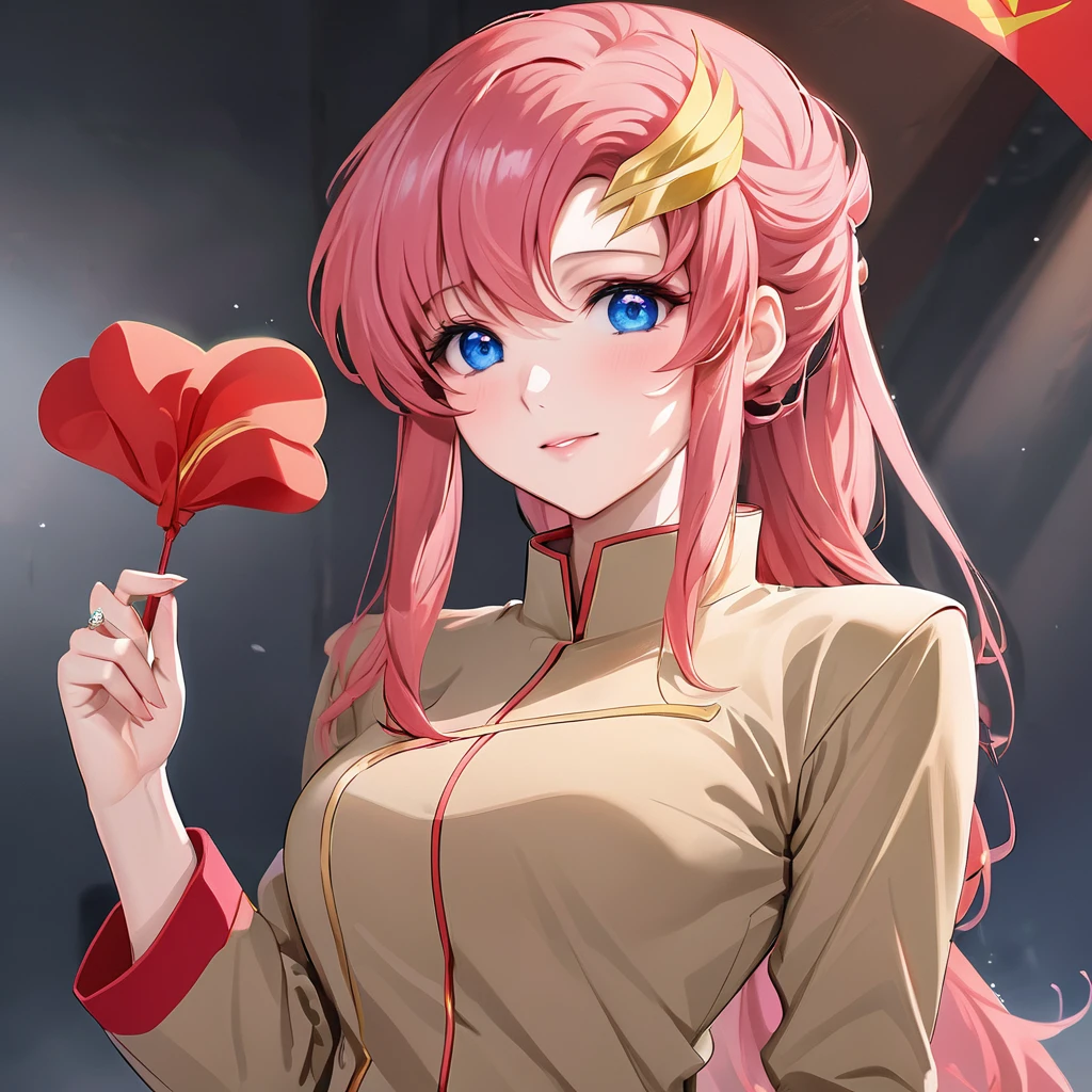 ((Highest quality)), ((masterpiece)), (detailed), (Perfect Face)、The woman is a Chinese Lacus Clyne, a Chinese woman with blue eyes and medium-long pink hair who is wearing an engagement ring. She has become a member of the glorious Chinese Communist Party and swears absolute loyalty to the Chinese Communist Party. She is a righteous Communist Party member of China.、The woman is wearing the khaki Mao suit of the Chinese Communist Party.、For the sake of China, they dye their hair, hairstyle, clothes, and everything they wear belongs to the Chinese Communist Party, and their thoughts are also Chinese, becoming great Chinese in body and mind.、The woman became Lacus Clyne, a Chinese woman who was proud of and loved China.、She is serving China as a member of the great Communist Party of China.、She is a beautiful, respectable and exemplary Communist.