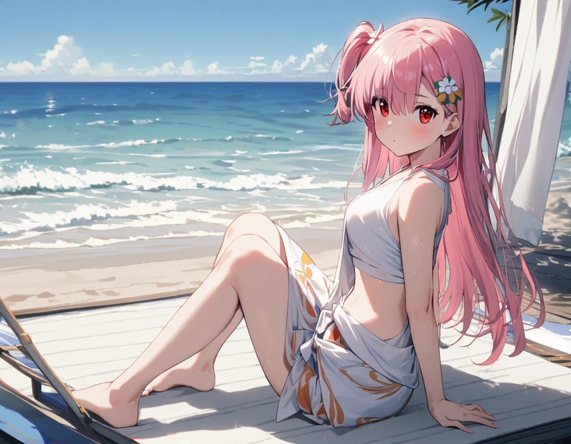 1 girl(white pareo, pink hair, half side up hair, flower hair clip, red eye, barefoot), sea side, 海の家