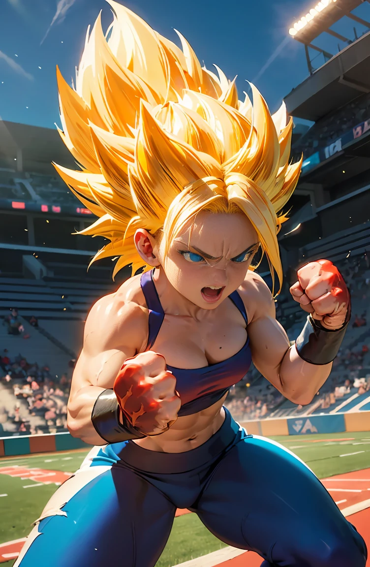the female character caulifla in a dynamic and powerful pose. caulifla is a strong and muscular Super Saiyan, Known for her confidence and rebellious attitude. She has an athletic and muscular build., Show strength and agility. (Medium Bust), Your skin is white, ((His eyes are large and expressive blue.)), Communicating determination and courage. ((Blue colored eyes)).
((caulifla'Hair is a striking feature: that'Golden Hair, Towering over a sharp, jagged peak)). ((She wears traditional Saiyan fighting gear., It consists of a short red top that accentuates the midriff and long purple pants.)). Complete the look with brown combat boots.
Add details such as dark grey metal bracelets on both wrists.. The facial expression should be intense and confident, With a defiant smile. Your pose should reflect your combative personality., Maybe clenching your fists、Taking an attacking stance.
The background may be a battle scene., Like rocky practice fields and destroyed stadiums., Dust and dirt fly into the air, Further emphasize the strength of the characters. Lighting should be dramatic, Shadows emphasize the muscles、The sparkle in his eyes reflects his energy and determination..
