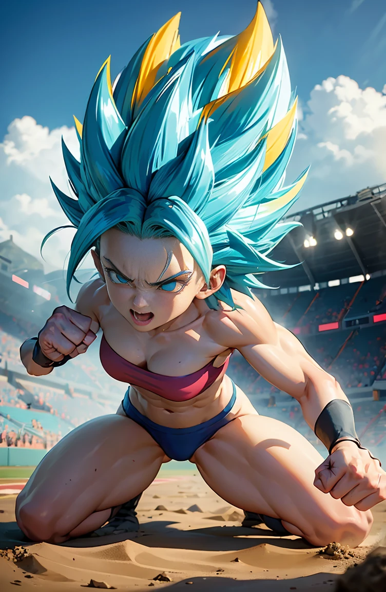 the female character caulifla in a dynamic and powerful pose. caulifla is a strong and muscular Super Saiyan, Known for her confidence and rebellious attitude. She has an athletic and muscular build., Show strength and agility. (Medium Bust), Your skin is white, ((His eyes are large and expressive blue.)), Communicating determination and courage. ((Blue colored eyes)).
((caulifla&#39;Hair is a striking feature: that&#39;Golden Hair, Towering over a sharp, jagged peak)). ((She wears traditional Saiyan fighting gear., It consists of a short red top that accentuates the midriff and long purple pants.)). Complete the look with brown combat boots.
Add details such as dark grey metal bracelets on both wrists.. The facial expression should be intense and confident, With a defiant smile. Your pose should reflect your combative personality., Maybe clenching your fists、Taking an attacking stance.
The background may be a battle scene., Like rocky practice fields and destroyed stadiums., Dust and dirt fly into the air, Further emphasize the strength of the characters. Lighting should be dramatic, Shadows emphasize the muscles、The sparkle in his eyes reflects his energy and determination..