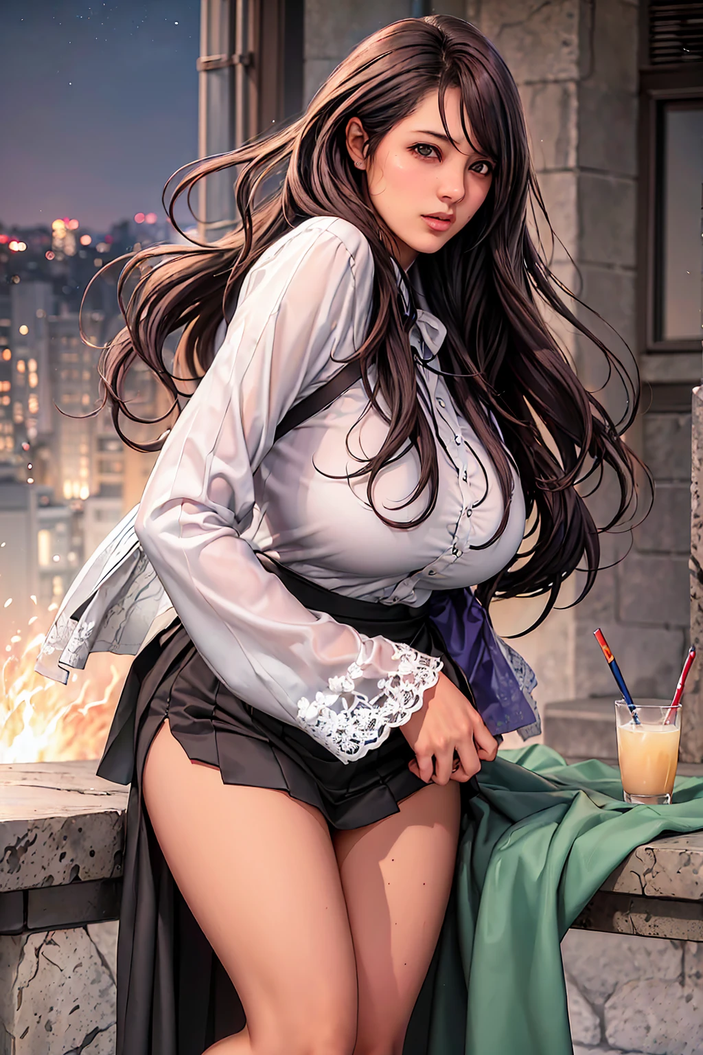 (masterpiece:1.2, Highest quality), Ultra-high resolution, Super detailed, (Realistic, photoRealistic:1.4), Beautiful illustrations, Perfect lighting, colorful, Depth of written boundary, View your viewers, whole body, Front view:0.6, 1 girl, alone, Japanese, university student, (Large Breasts:0.8, Big Ass, Captivating thighs, Skin Dentition), (Long Hair:1.5, Messy Hair:1.2), Light purple hair, Asymmetrical bangs, Emerald green eyes, (Glowing Skin), Beautiful Hair, Beautiful Face, Highly detailed face, Beautiful attention to detail, Beautiful clavicle, Beautiful body, Beautiful breasts, Beautiful thighs, Beautiful feet, Beautiful fingers, (Beautiful views), night, dining room, Dining table, Dining chair, 1 Female,Dark brown hair,Long Wavy Hair、20-year-old woman、private teacher、Embarrassed laugh、Beautiful Medium Large、White shirt,Red flared skirt,Stylish,,(Look forward)(((Embarrassed expression)),(((The wind blows up my skirt)))、((I can see all your pants))、Light pink lace panties
