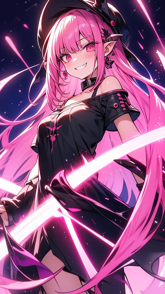 ((masterpiece))) whole body, whole body Shot (A girl) ((Pink Hair, Long hair, Straight Hair, Two sides up))), ((Green Eyes))), Eyeshadow, Eyeliner, Glowing Eyes, Eye for Ultra Detail, Complex eyes, beautiful eyes, Delicate eyes, (((Star-shaped pupil, Glowing pink pupils))) 18 year old girl. (Wearing a transparent PVC jacket)) huge cool weapon machine in hand, huge cool weapon machine, mechanical, mechanicalanism, machine, Open stance, Coalescence