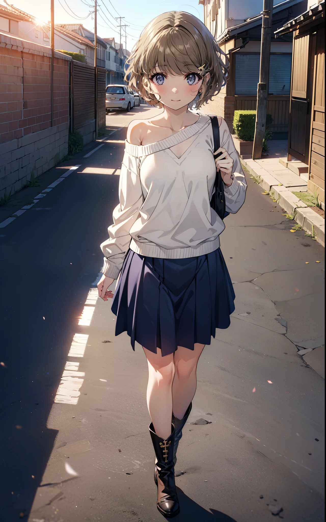 tomoekoga, Chie Koga, short hair, Brown Hair, blue eyes, Hair Clip,smile,One-shoulder sweater,Long skirt,short boots,Walking,morning,morning陽,The sun is rising,whole bodyがイラストに入るように,
break outdoors, Building district,
break looking at viewer, whole body,
break (masterpiece:1.2), Highest quality, High resolution, unity 8k wallpaper, (figure:0.8), (Beautiful attention to detail:1.6), Highly detailed face, Perfect lighting, Highly detailed CG, (Perfect hands, Perfect Anatomy),