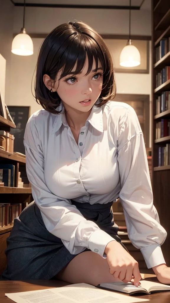 a cute girl studying, 1girl, solo, short brown hair with bangs, beautiful detailed eyes, beautiful detailed lips, extremely detailed face and portrait, long eyelashes, large breasts, wearing a white shirt, sitting down, books on background, low light, cinematic lighting, medium long shot, high angle, (best quality,4k,8k,highres,masterpiece:1.2),ultra-detailed,(realistic,photorealistic,photo-realistic:1.37), professional lighting, vinyet