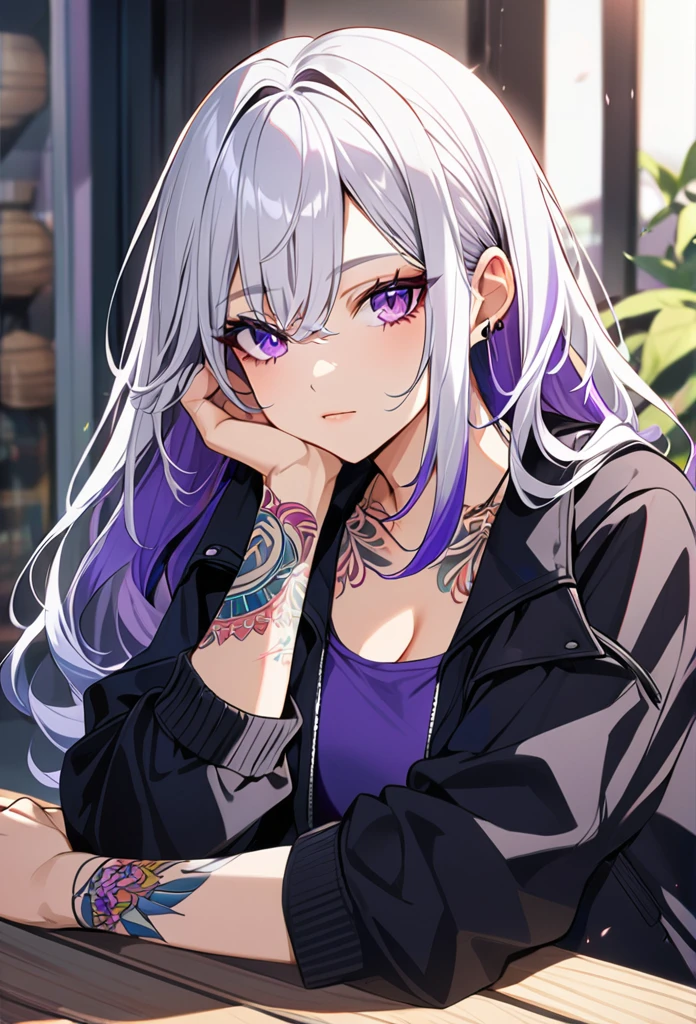 1woman, white hair with purple tips, purple eyes, wearing a casual black jacket, purple crop top, blue jeans, rest head with hand, tattoos on arms, colorful tattoos