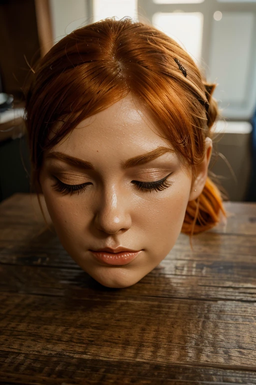 ((disembodied head on a table)), headless, beautiful girl, orange hair in a side ponytail, (eyes closed), wearing make up, (realistic), realistic indoor lighting, (best image, best quality)