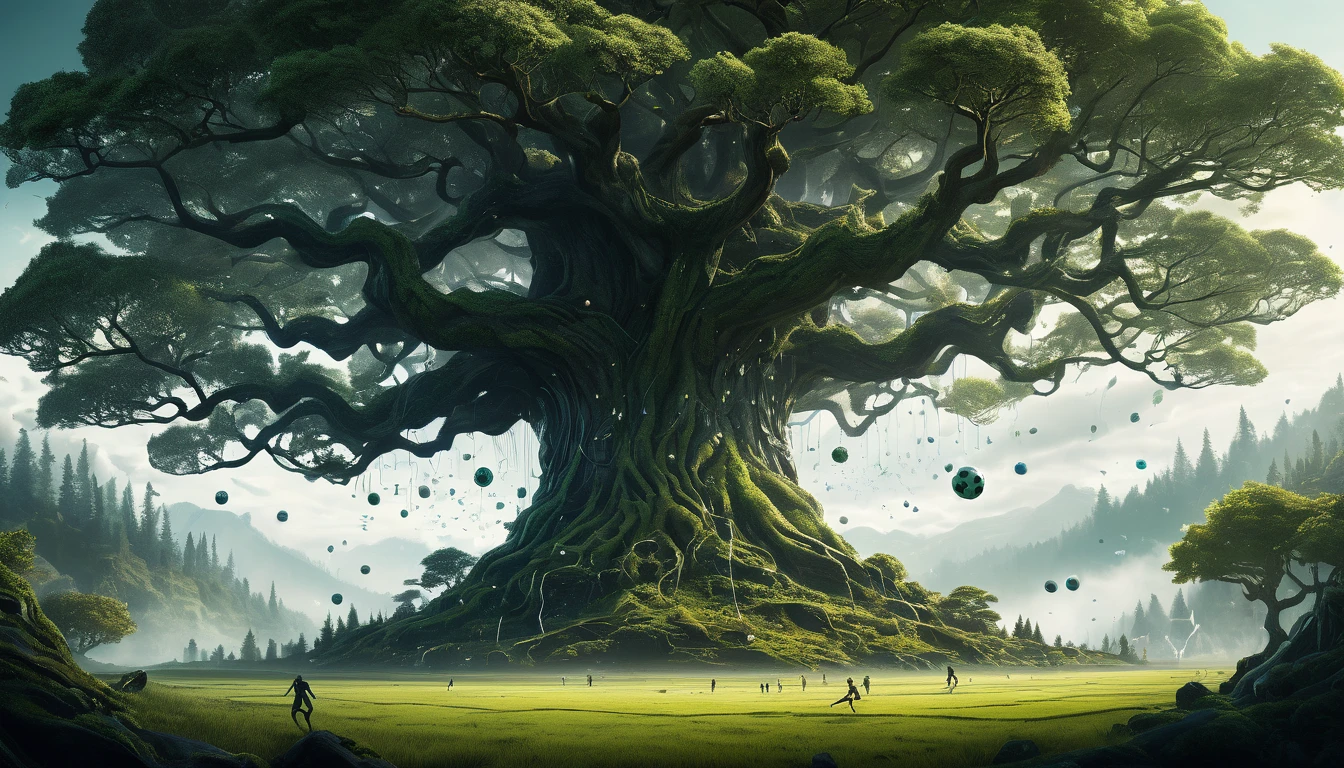 "Create a highly detailed, surreal matte painting featuring a football game taking place on a field under a colossal Yggdrasil tree. Include players actively engaged in the game, rendered with amazing depth and artistic photorealism. The scene should feature a mysterious forest backdrop with a silhouetted woman, inspired by the styles of Minjae Lee, Carne Griffiths, Emily Kell, Geoffroy Thoorens, Aaron Horkey, Jordan Grimmer, and Greg Rutkowski. Integrate intricate geometric patterns and abstract forms into the composition, enhanced with bokeh effects to create a dreamlike atmosphere. Ensure perfect balance with deep fine borders and smooth textures, reflecting a masterwork quality that combines the surreal grandeur of the Yggdrasil and the forest with the dynamic energy of the football game. --ar 2:3 --s 999 --v 6"