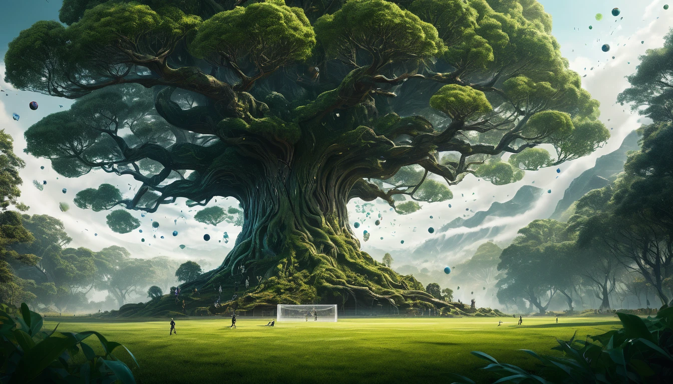 "Create a highly detailed, surreal matte painting featuring a football game taking place on a field under a colossal Yggdrasil tree. Include players actively engaged in the game, rendered with amazing depth and artistic photorealism. The scene should feature a mysterious forest backdrop with a silhouetted woman, inspired by the styles of Minjae Lee, Carne Griffiths, Emily Kell, Geoffroy Thoorens, Aaron Horkey, Jordan Grimmer, and Greg Rutkowski. Integrate intricate geometric patterns and abstract forms into the composition, enhanced with bokeh effects to create a dreamlike atmosphere. Ensure perfect balance with deep fine borders and smooth textures, reflecting a masterwork quality that combines the surreal grandeur of the Yggdrasil and the forest with the dynamic energy of the football game. --ar 2:3 --s 999 --v 6"