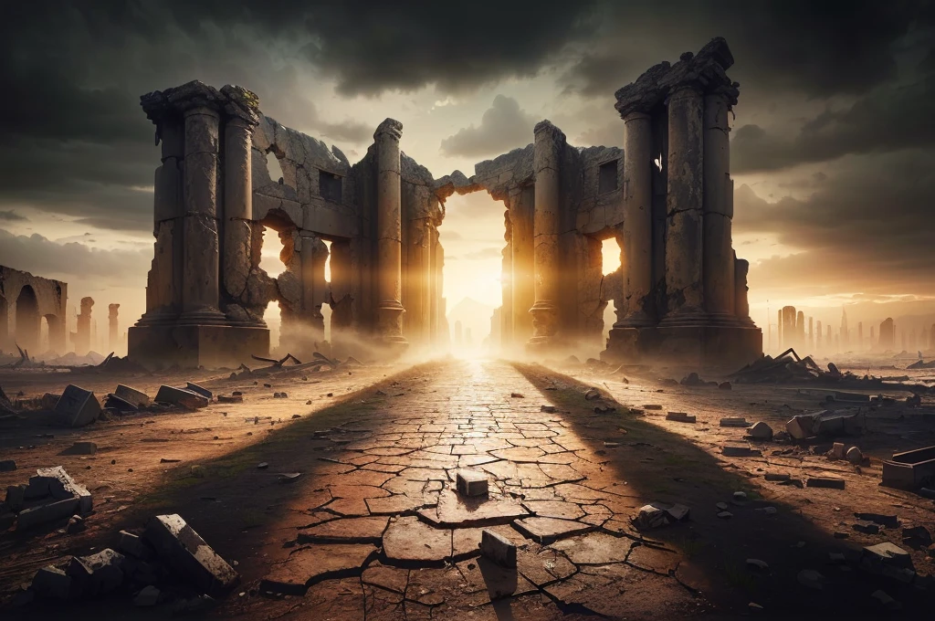 夕陽西下的一座ruins城市的阿拉法德圖像, post apocalyptic ancient ruins, dark ruins landscape, background is the ruins, ruins landscape, End of the world day background, ruins on the background, Doomsday environment, ruins of hell, doomsday landscape, End of the world day background, crumbling ruins, ominous End of the world day background, ruins, Apocalypse of Destruction and Despair, old ruins, dark city ruins
