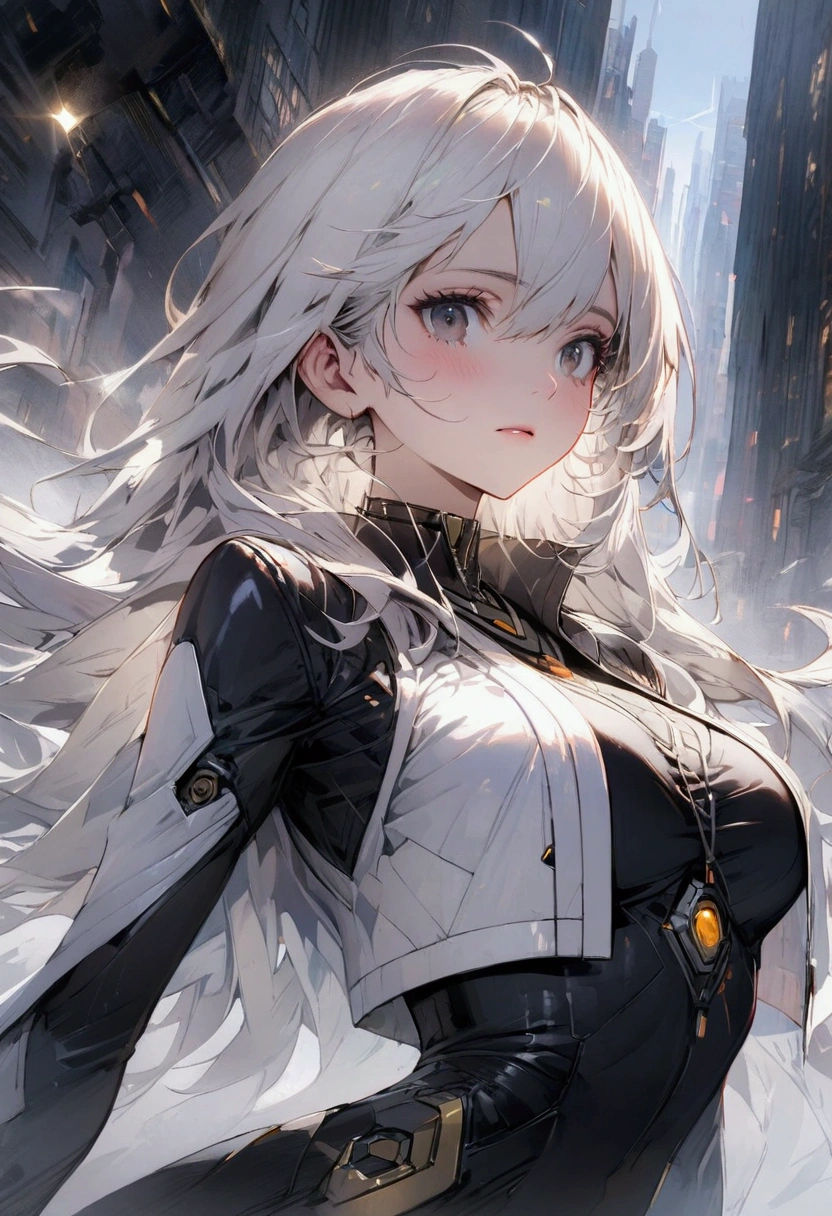 Extremely detailed 8k, A beautiful woman with long white hair, jet black eyes, wearing a white futuristic agent uniform, her expression flat, futuristic city background 