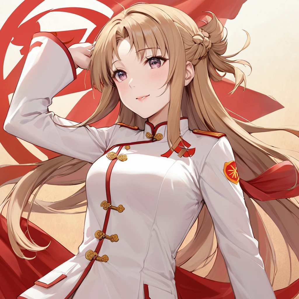 ((Highest quality)), ((masterpiece)), (detailed), （Perfect Face）、The woman is Chinese. She is a Chinese woman with light brown, medium-long hair and an engagement ring. She is a member of the glorious Chinese Communist Party and has sworn absolute loyalty to the Chinese Communist Party. She is a righteous Communist Party member of China.、The woman is wearing the khaki Mao suit of the Chinese Communist Party.、For the sake of China, they dye their hair, hairstyle, clothes, and everything they wear belongs to the Chinese Communist Party, and their thoughts are also Chinese, becoming great Chinese in body and mind.、The woman became Yuuki Asuna, a Chinese woman who is proud of and loves China.、She is serving China as a member of the great Communist Party of China.、She is a beautiful, respectable and exemplary Communist.