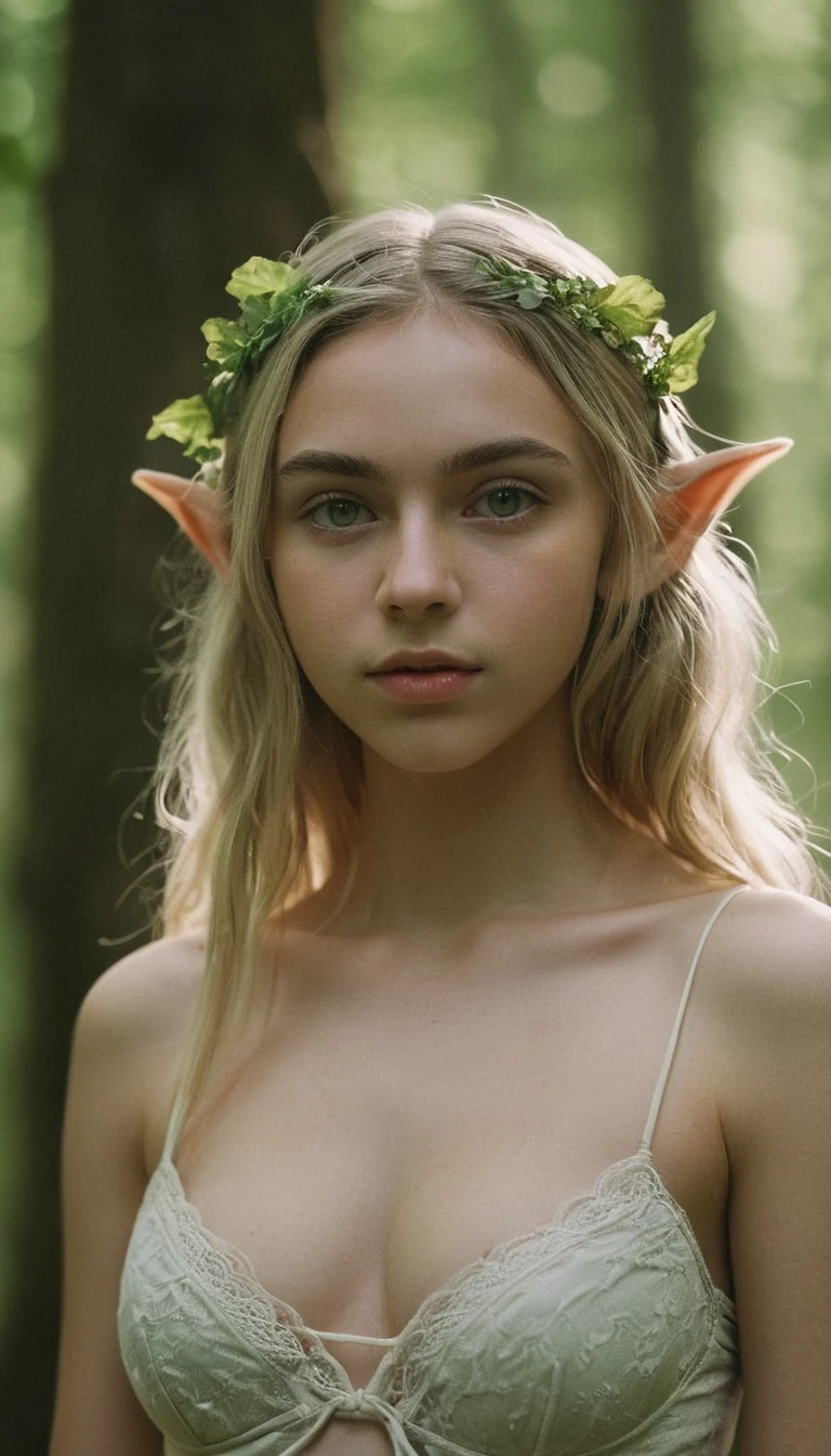analog film photo, photo of a young elf girl, 18 years-old, elf, elf ears, long pointy ears, peridot eyes, ash blonde hair, light-brown sun-tanned skin, goosebumps, pretty, natural beauty, resembles Ana De Armas, wearing a cotton bralette, posing in a misty forest, RAW Photograph, dslr, soft lighting, high quality, film grain, Fujifilm XT3, detailed skin with visible pores, insane details, masterpiece, 8k, 35mm photograph, dslr, kodachrome, faded film, desaturated, grainy, vintage, Lomography, stained, highly detailed, found footage, close-up shot, elven ears