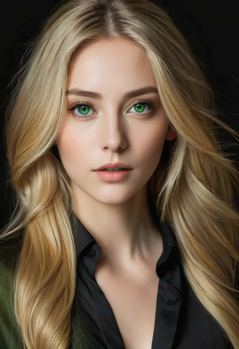 Portrait of a stunning woman, with green, slanted eyes and long, loose blonde hair, upturned nose, perfect skin with a black shirt, realistic and intricate details in the clothing and facial features, studio lighting to enhance the depth and realism of the image.