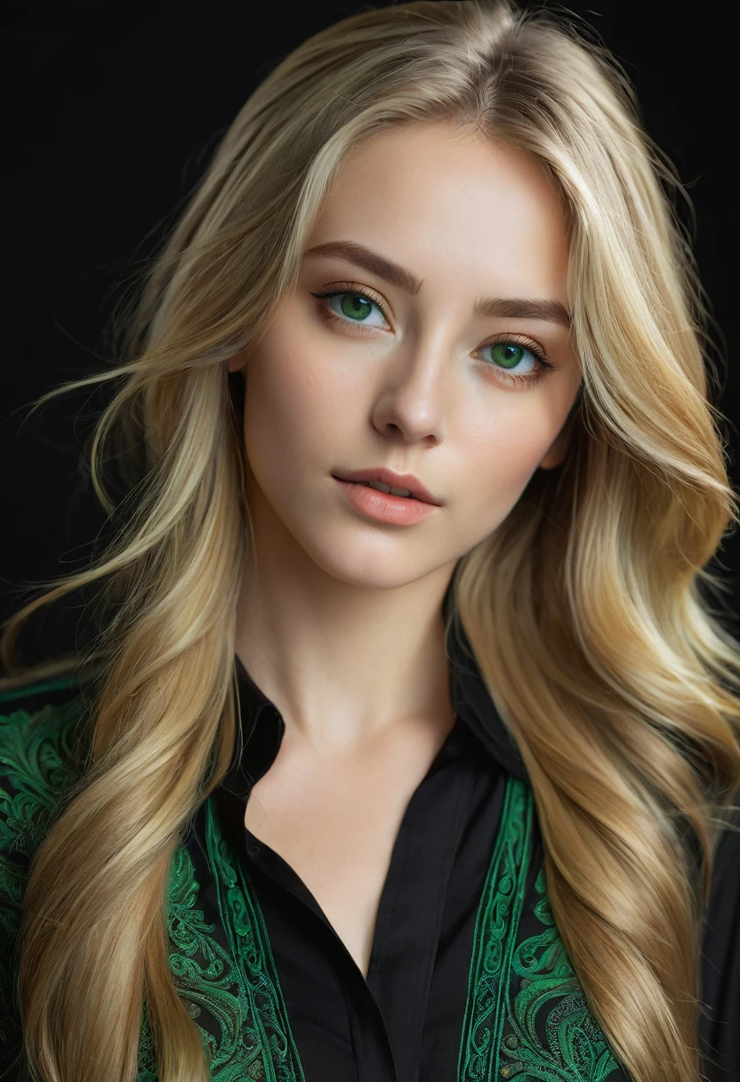 Portrait of a stunning woman, with green, slanted eyes and long, loose blonde hair, upturned nose, perfect skin with a black shirt, realistic and intricate details in the clothing and facial features, studio lighting to enhance the depth and realism of the image.