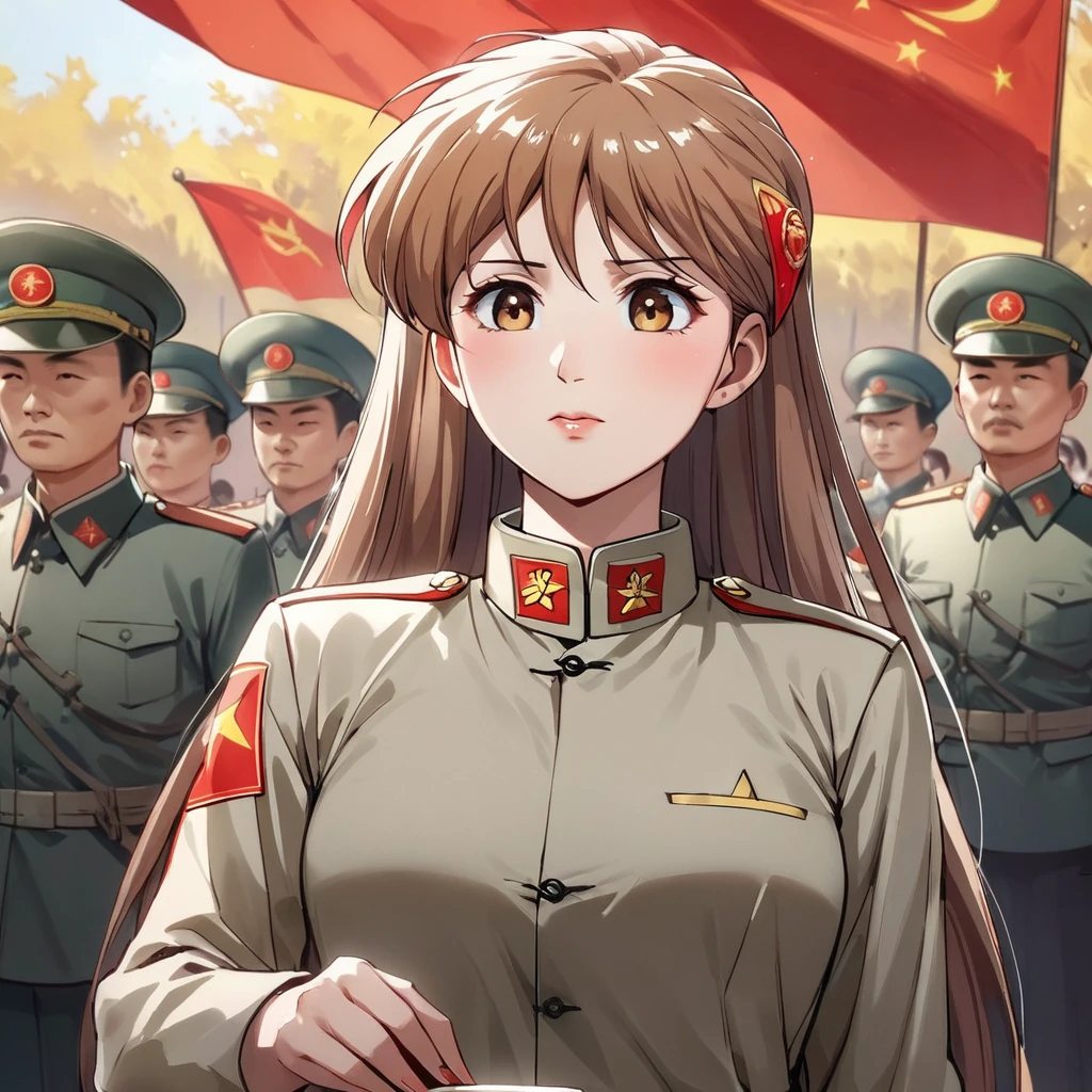 ((Highest quality)), ((masterpiece)), (detailed), (Perfect Face)、The woman is Princess Leona, a Chinese woman with light brown, medium-long hair, wearing an engagement ring. She has become a member of the glorious Chinese Communist Party and pledges absolute loyalty to the Chinese Communist Party. She is a righteous Communist Party member of China.、The woman is wearing the khaki Mao suit of the Chinese Communist Party.、For the sake of China, they dye their hair, hairstyle, clothes, and everything they wear belongs to the Chinese Communist Party, and their thoughts are also Chinese, becoming great Chinese in body and mind.、The woman became Princess Leona, a Chinese woman who was proud of China and loved it devotedly.、She is serving China as a member of the great Communist Party of China.、She is a beautiful, respectable and exemplary Communist.