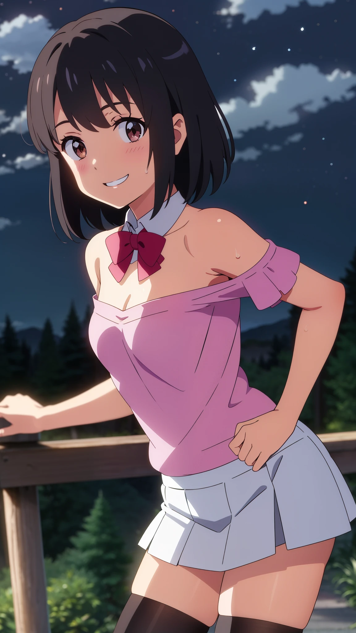 shinkai makoto, kimi no na wa., 1girl, bangs, black hair, blush, brown eyes, perfect face, looking at the viewer, Pink ruffled clothing, off shoulder strapless, miniskirt, detached collar, red ribbon, red bow, mini skirt, black thighhighs, short hair, solo, shinny skin, smile, cute, grin, cloudy, night sky, night background, forest, sweat, (masterpiece), best quality