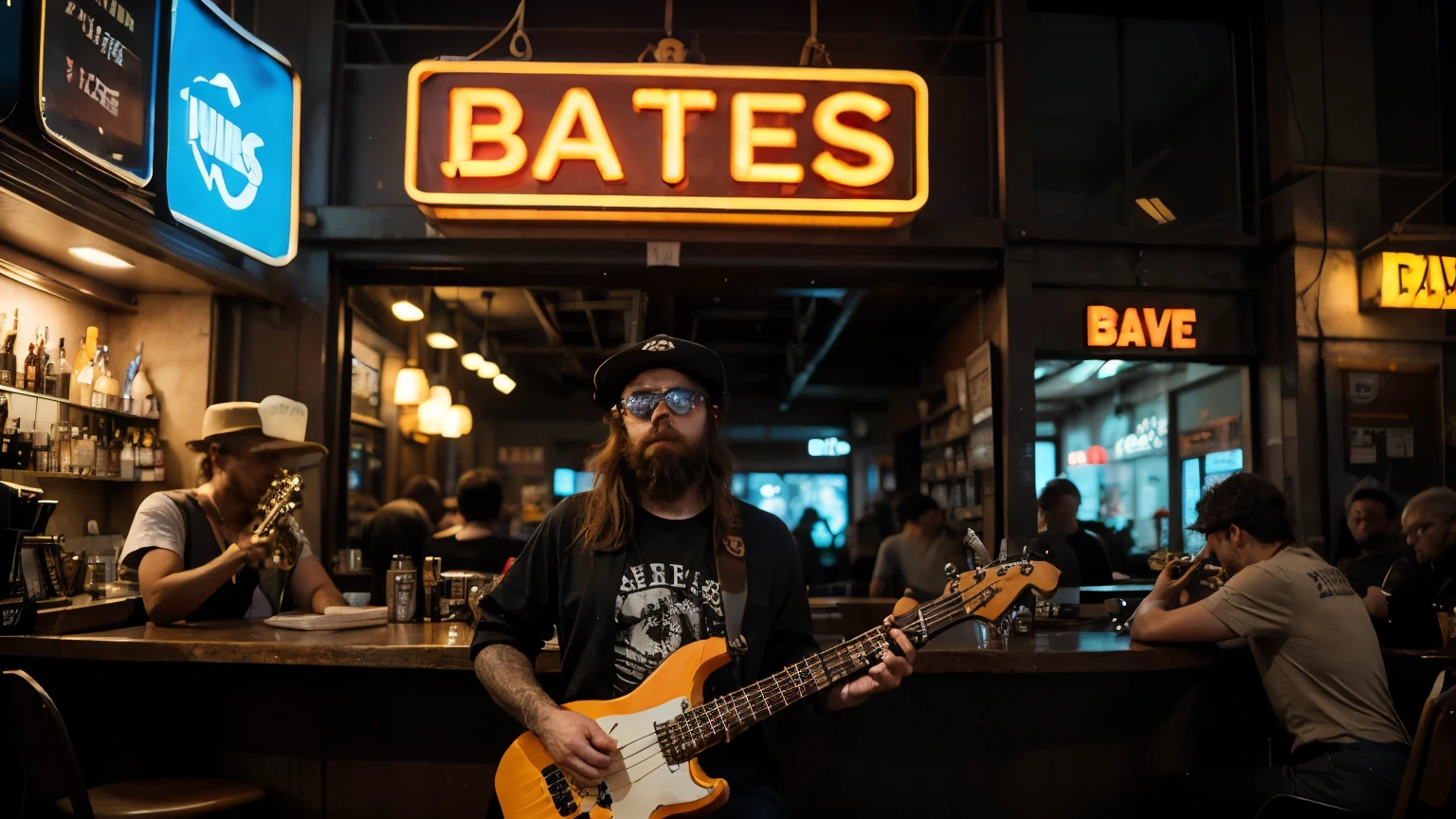 a bearded man with a hat and glasses holding a bass guitar and a woman holding a guitar, and another man playing the drums and another man playing the saxophone in front of a bar with the sign saying live blues in neon letters in the lofi cyberpunk style and with perfection on the faces and instruments.