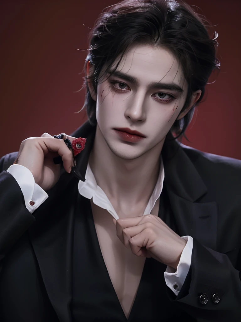with head tilted down, looking straight ahead, wearing gloves, smart suit, evil anime boy with blood dripping from her mouth and hands, portrait gapmoe yandere grimdark, alucard, gapmoe yandere grimdark, androgynous vampire, sebastian michaelis, yandere, gapmoe yandere, male vampire of clan banu haqim, beautiful male god of death, handsome male vampire