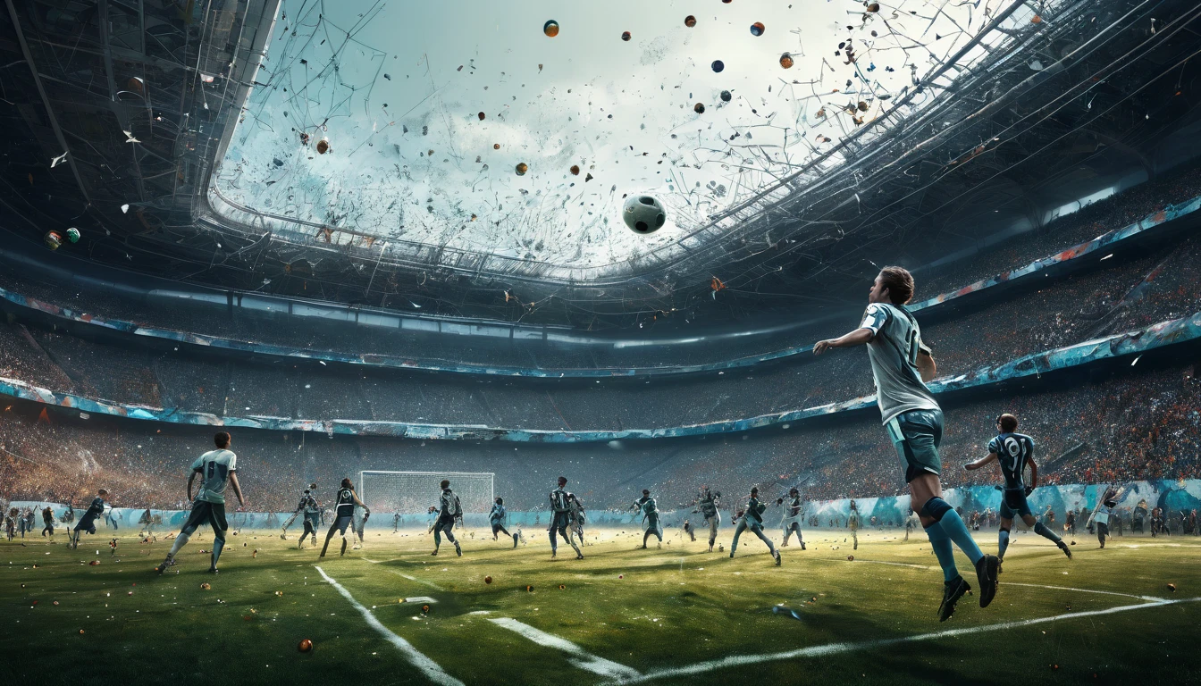 "Create a highly detailed, surreal matte painting featuring a football game with players in an abstract, dreamlike field. The scene should incorporate intricate geometric patterns and abstract forms, with elements inspired by the styles of Minjae Lee, Carne Griffiths, Emily Kell, Geoffroy Thoorens, Aaron Horkey, Jordan Grimmer, and Greg Rutkowski. Render the football and players with amazing depth and artistic photorealism. Use bokeh effects to enhance the surreal atmosphere, ensuring perfect balance with deep fine borders and smooth textures. The composition should reflect a masterwork quality, blending surreal abstraction with the dynamic energy of the football game. --ar 2:3 --s 999 --v 6"