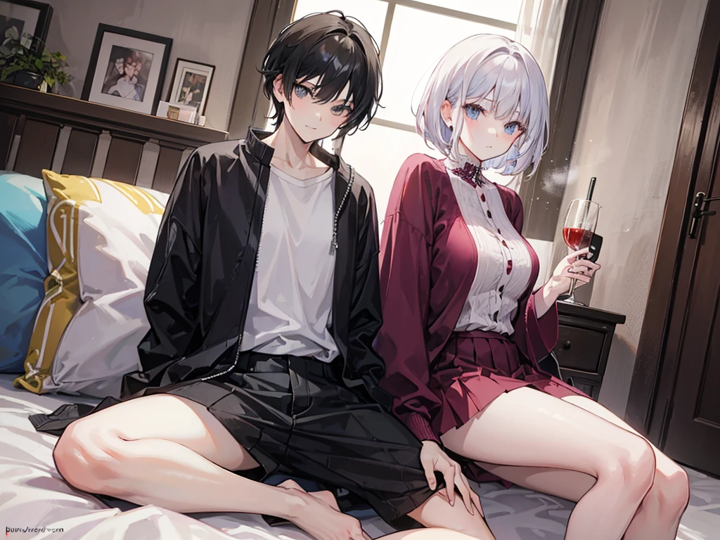 ((sister and brother)),A woman with big ,A boy with short hair,revealing clothes,and sit on the bed,(nsfw:0.8),