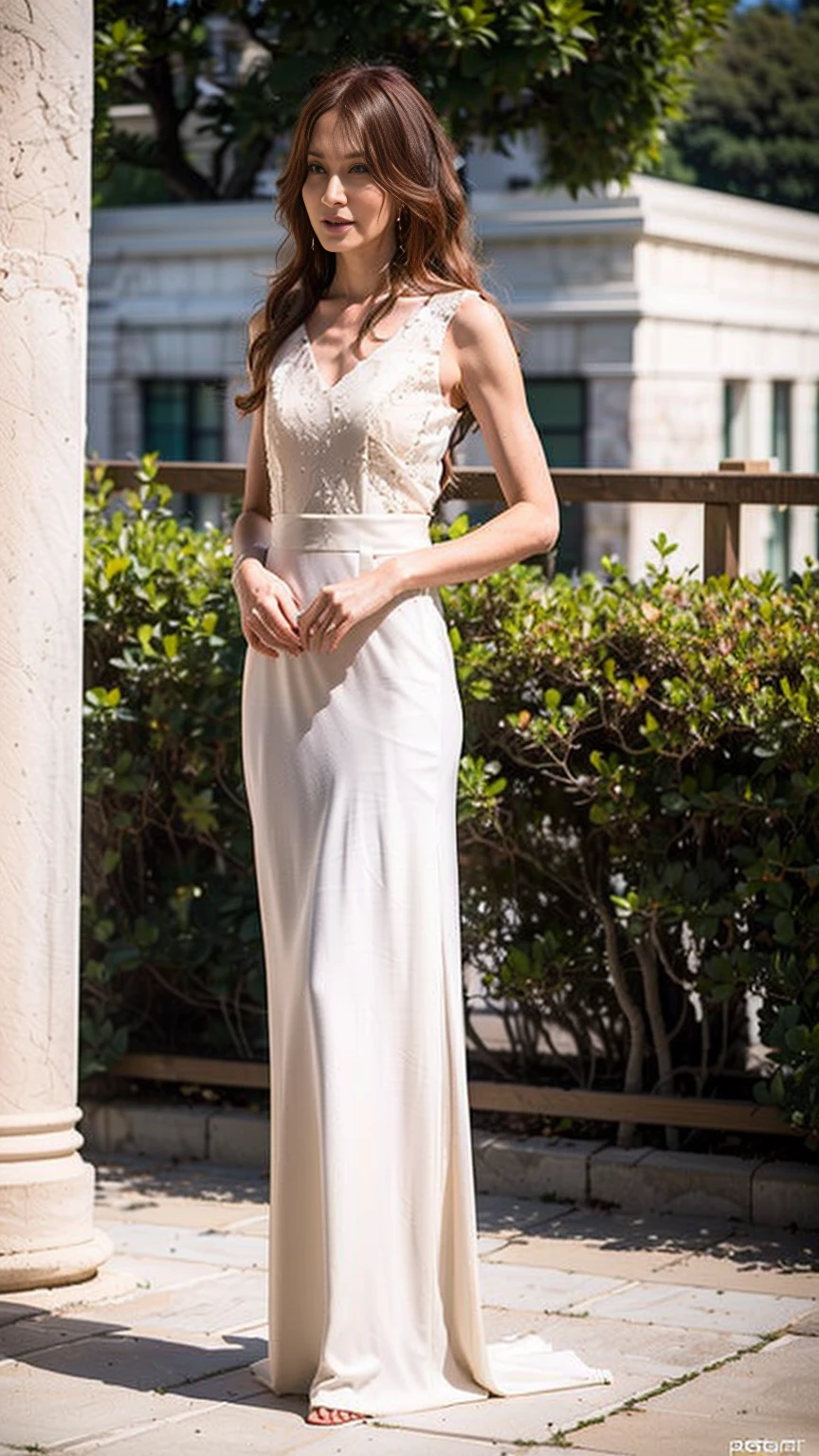 ((Highest quality)), ((8k)), ((masterpiece: 1.3)), (Perfect appearance), (Photorealism: 1.6), (JMA), (Genuine:1.4), 1 Mature Woman, Perfect , 60 years old, Medium Long Hair, Maxi Dresses, ((Standing posture: 1.3)), (Resort: 1.2),