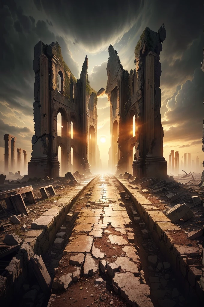 夕陽西下的一座ruins城市的阿拉法德圖像, post apocalyptic ancient ruins, dark ruins landscape, background is the ruins, ruins landscape, End of the world day background, ruins on the background, Doomsday environment, ruins of hell, doomsday landscape, End of the world day background, crumbling ruins, ominous End of the world day background, ruins, Apocalypse of Destruction and Despair, old ruins, dark city ruins