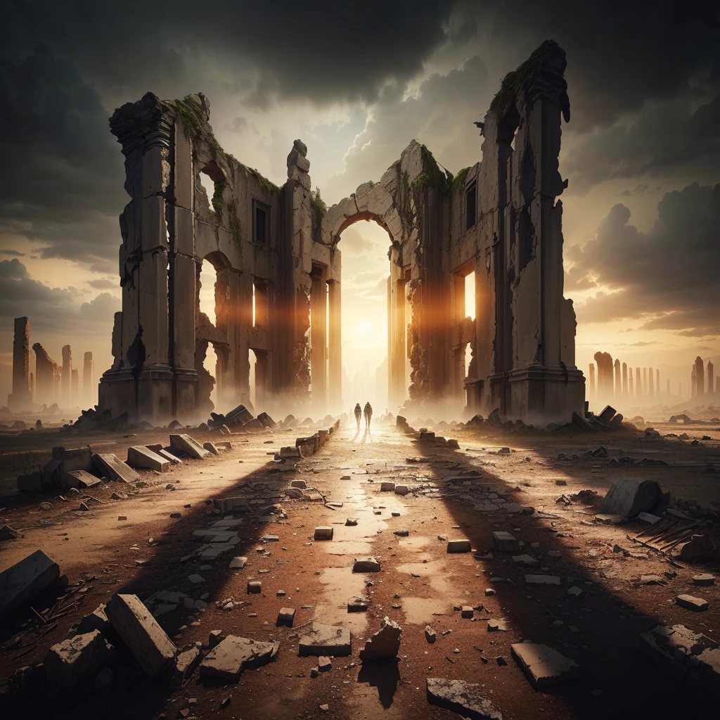夕陽西下的一座ruins城市的阿拉法德圖像, post apocalyptic ancient ruins, dark ruins landscape, background is the ruins, ruins landscape, End of the world day background, ruins on the background, Doomsday environment, ruins of hell, doomsday landscape, End of the world day background, crumbling ruins, ominous End of the world day background, ruins, Apocalypse of Destruction and Despair, old ruins, dark city ruins
