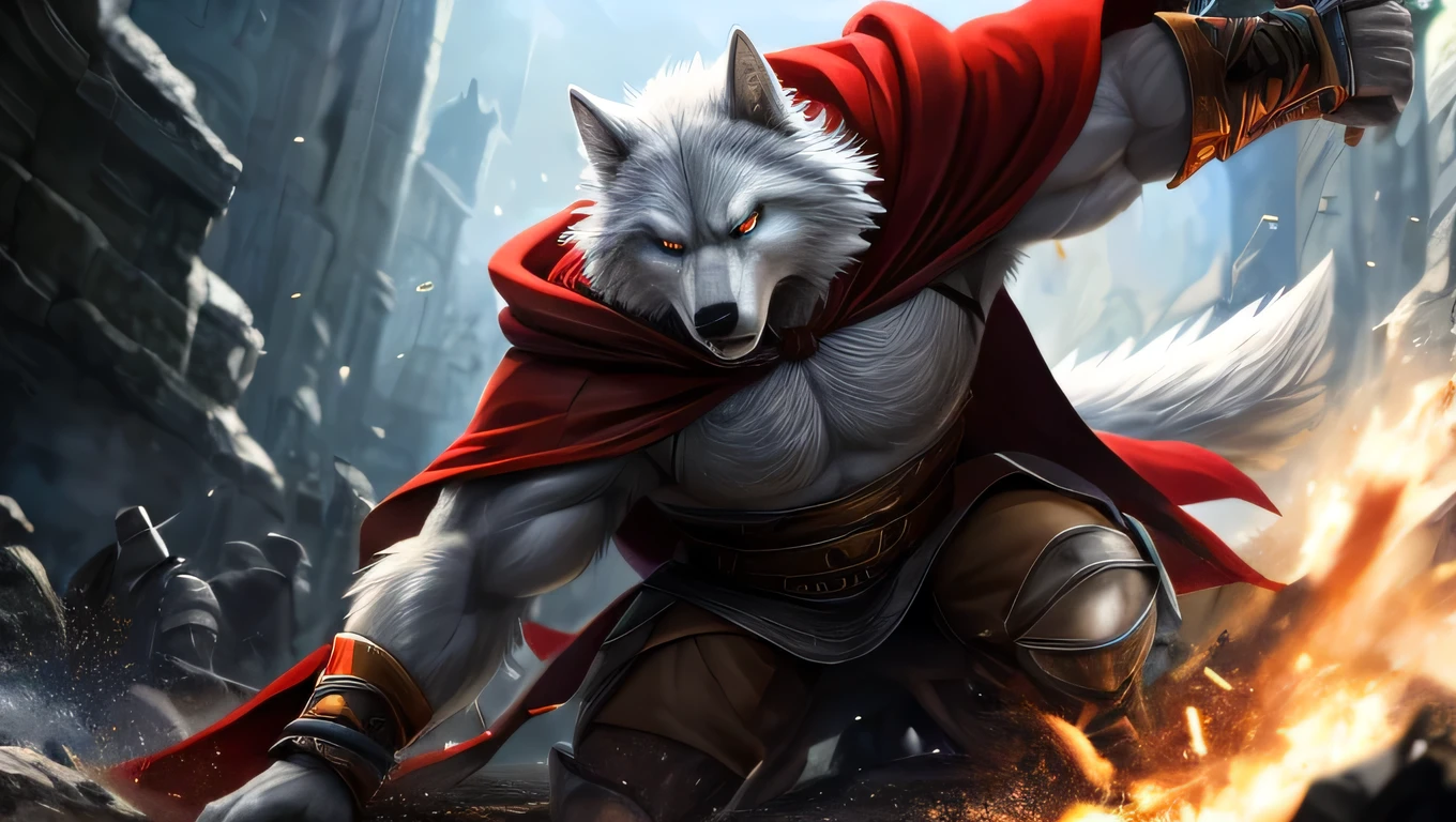human nature((dramatic))epic, Dynamic poses, A scene in , Extreme perspective and strong composition, ridiculous, A magnificent scene of fierce battle between wild beasts, (Very detailed), Clear focus, Negi, Eye, Black Eye, Eye, hairy, light white fur, Brown fur, White beard, human nature (Wolf), male, middle aged, Gray body, White belly, muscular, Knight clothing, red cherry long cloak, Very detailed face, (Delicate Eye), (close up:1), (The background is a vast war scene:0.5), Light Particles, Motion Blur, Depth of Field, (best quality), (masterpiece), High Detail, high quality, The award-winning, high resolution, HD, 16K