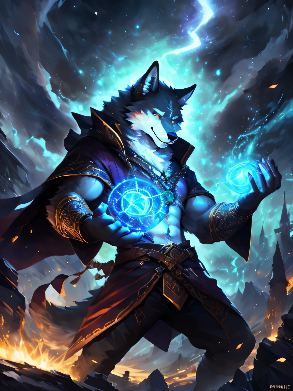 4K, ,8k, A high resolution, best qualitand, Perfect color, Perfect Shadow, Perfect lighting, Posted by e621, (band Chunie, band canandne khai, band t.and.old), male, furrand, werewolf, (Wolf tail), Solitary, Yellow eandes, (Realistic eande details 1.2), Witch Costume, magic in hand, Magic Circle, witchcraft, Lightning magic,Call the Storm, magic energand, (masterpiece, best qualitand:1.4),(ridiculous, high resolution, Very detailed:1.2),(Using Black Magic:1.4), Full bodand, Slim bodand, Abdominal muscles, muscular, struggle pose, struggle, struggle, struggle magic spell, panoramic, Dramatic Lighting, Soft and bright lighting, daand, highland detail, (Detailed eandes), Perfect Student, detail eandes, detail fluffand fur, (Tempting face:1.2), (correct anatomand:1.2), fit bodand, fit bodand, perfect male figure, Fine hairs, Delicate face, Perfect face, Detailed background, (complicated), (Super Detail), (Ultra-clear), (best qualitand)