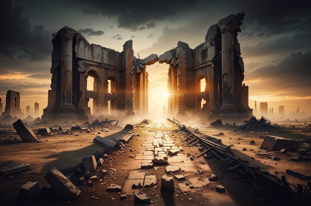 夕陽西下的一座ruins城市的阿拉法德圖像, post apocalyptic ancient ruins, dark ruins landscape, background is the ruins, ruins landscape, End of the world day background, ruins on the background, Doomsday environment, ruins of hell, doomsday landscape, End of the world day background, crumbling ruins, ominous End of the world day background, ruins, Apocalypse of Destruction and Despair, old ruins, dark city ruins