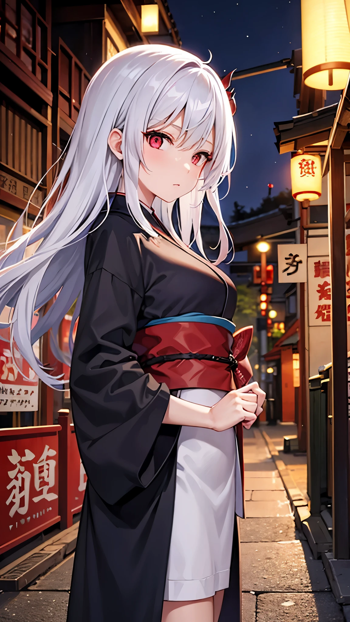 Like something from Demon Slayer、White Hair Girl、Kimono、The location is the night streets of the red light district.