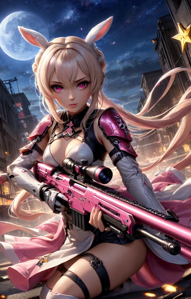 ((Surreal)) スナイパーライフルを持ったスーパーマリオブラザーズのセクシーなピーチ姫のmovieのような写真, Perfect Eyes, (Hair Ribbon:0.4), Pink Eyes,(((White bun hair))),(((Pink long hair))),(((Small breasts))),Striking a sexy pose while holding a sniper rifle, (A pink plastic sniper rifle with a 1up star on the side), Bowser's Castle action scene, Lava Ball,
35mm Photography, movie, Bokeh, Professional, 4K, Very detailed,