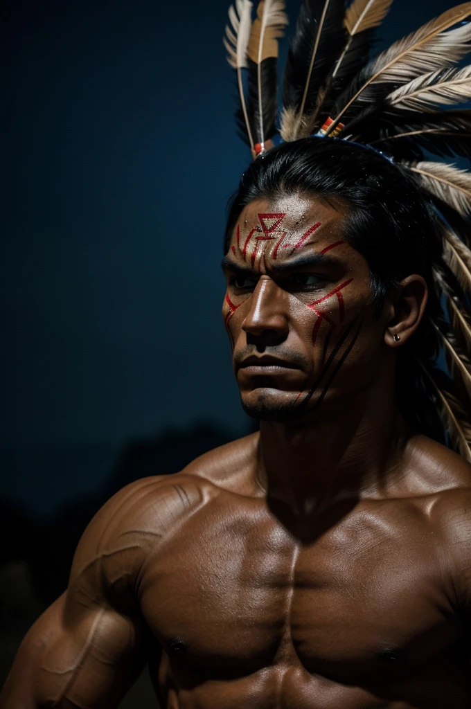 Imagine a night scene full of drama. an indigenous warrior, with a furious and determined expression, prepares for battle. His body is partially covered in war paint, and his tense muscles denote his strength. Around it, the night is deep and dark, with an atmosphere full of tension