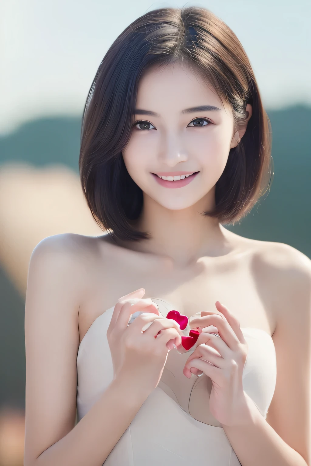 
(masterpiece, Highest quality, High resolution:1.4), 1 girl, (Realistic skin:1.4), (beautiful face and hair:1.4), Baby Face, smile, ************, (Skinny body type:1.3), (Flat Chest:1.3), Off-the-shoulder dress, Short Hair, (Making a heart with both hands:1.2), break(A large heart object in the background:1.5), (from the front:1.5)