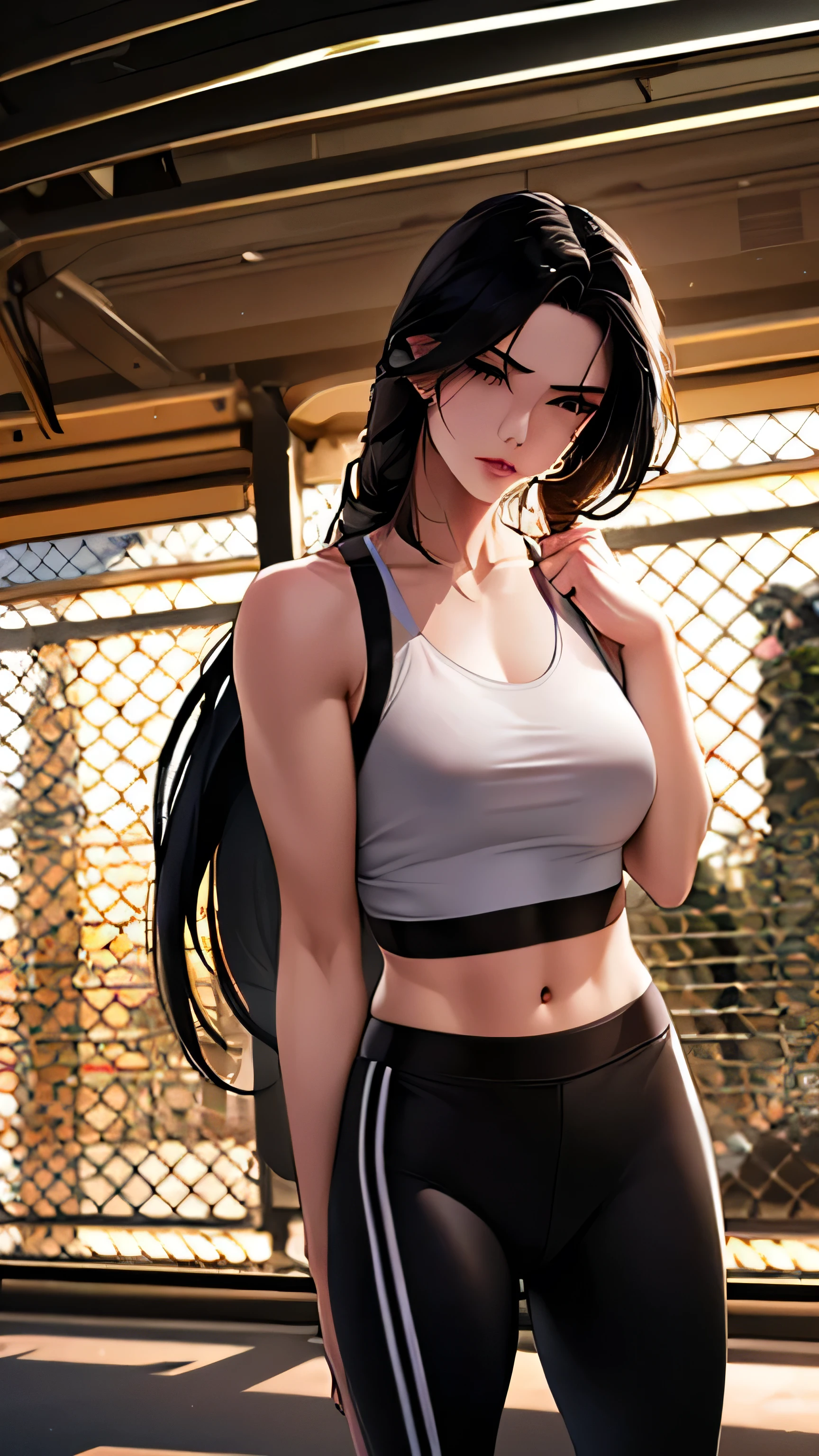 1 girl, 23 years old, long black hair, handsome face, sports bra, toned,muscular,long black pants, boxing gloves, punching, high quality, masterpiece