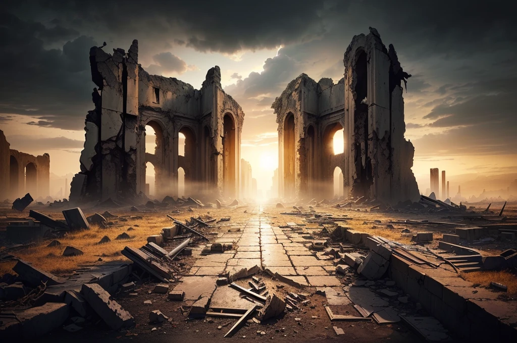 夕陽西下的一座ruins城市的阿拉法德圖像, post apocalyptic ancient ruins, dark ruins landscape, background is the ruins, ruins landscape, End of the world day background, ruins on the background, Doomsday environment, ruins of hell, doomsday landscape, End of the world day background, crumbling ruins, ominous End of the world day background, ruins, Apocalypse of Destruction and Despair, old ruins, dark city ruins