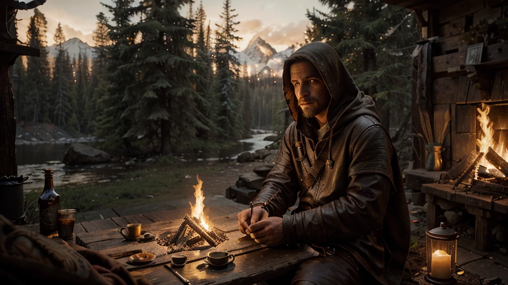 A captivating cinematic painting of a rugged half-elf rogue, poised for any adventure. The hooded figure is dressed in worn leather armor, intricately adorned with an assortment of weapons and trinkets. Perched by a cozy bedroll, he sits beside a crackling campfire that casts a warm, golden light across his face. The background reveals the expansive wilderness, with a foreboding forest in the distance, alluding to the countless mysteries that lie ahead for the intrepid explorer. As he enjoys some food rations and a cup of water nearby, the scene exudes the spirit of adventure and the allure of the unknown., painting, cinematic, illustration