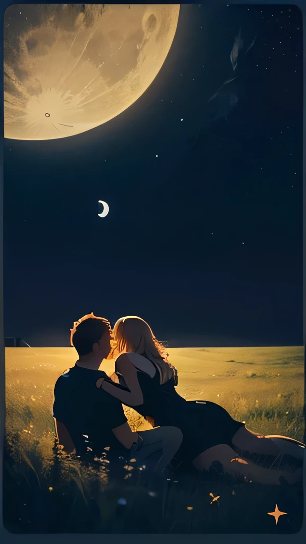 A girl and a boy lying next to each other, in the grass watching the moon and the sky full of stars, details of arms and legs, Simple color scheme, minimalist icons, Typography. . illustration, perfect composition, intricate details