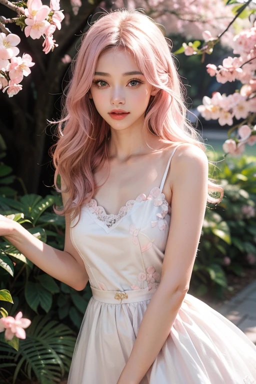 light pink hair, pink eyes, pink and white, cherry blossom leaves, Bright colors, white dress, paint splash, simple background, ray tracing, Wavy hair adapt