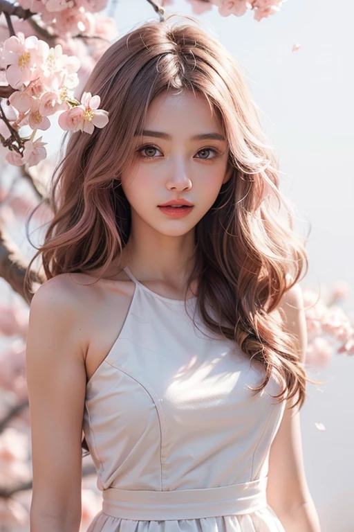 light pink hair, pink eyes, pink and white, cherry blossom leaves, Bright colors, white dress, paint splash, simple background, ray tracing, Wavy hair adapt