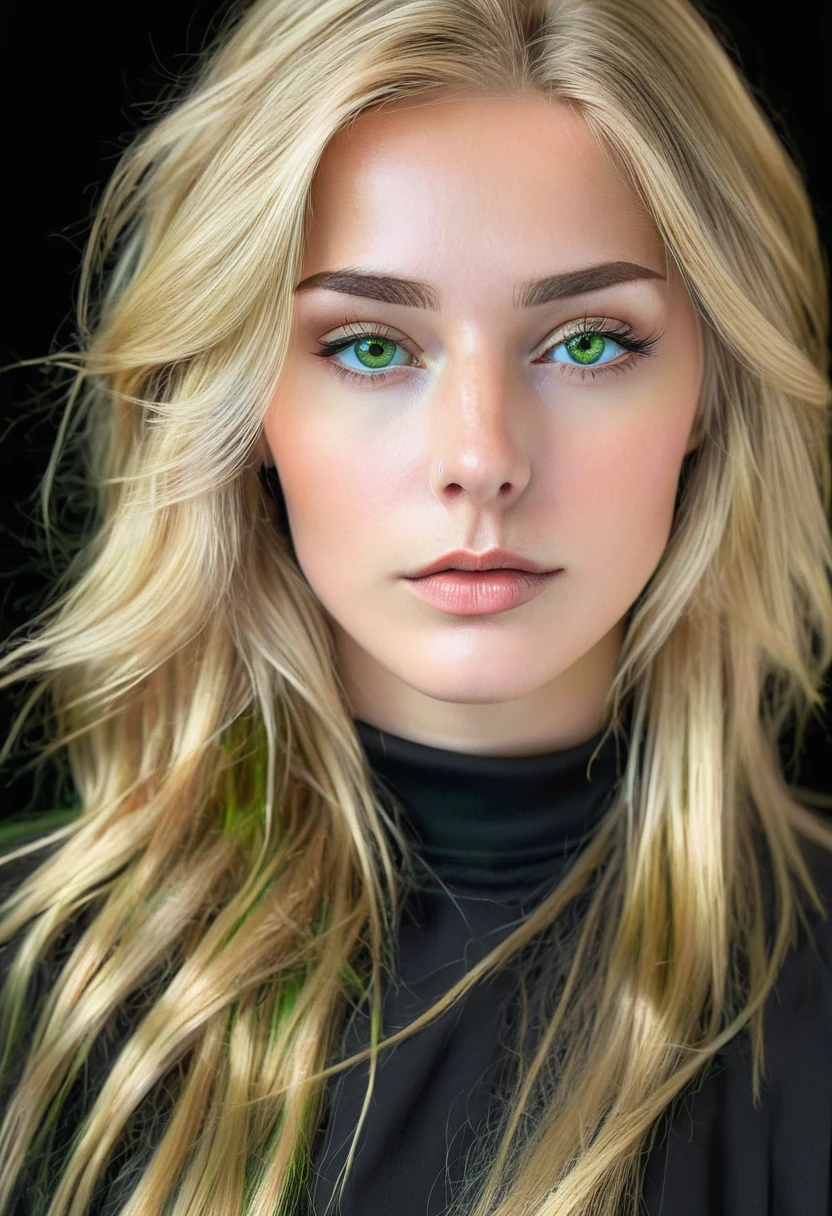 Portrait of a stunning woman, with green, slanted eyes and long, loose blonde hair, upturned nose, perfect skin with a black shirt, realistic and intricate details in the clothing and facial features, studio lighting to enhance the depth and realism of the image,hiperrealist