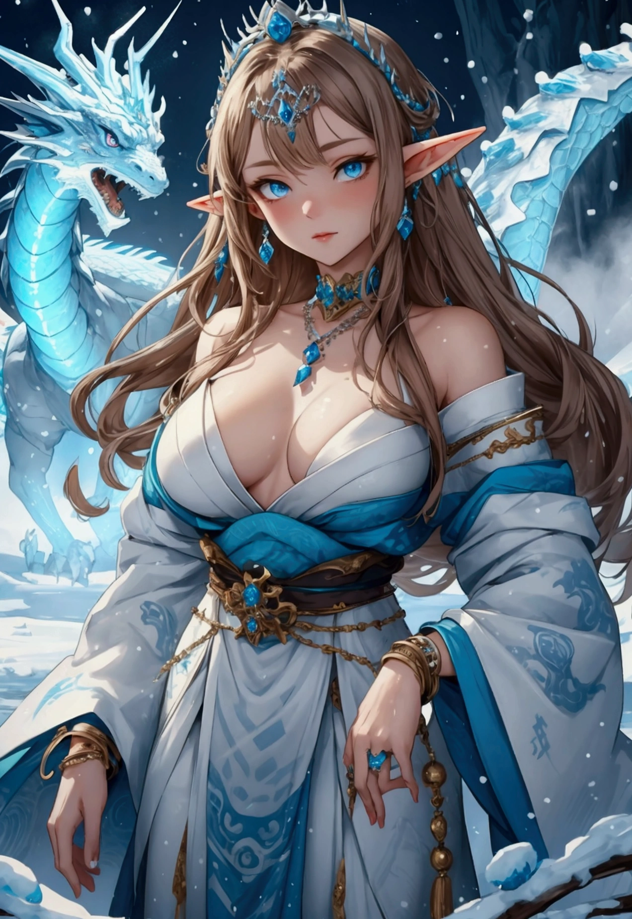 A very kind girl. She has light brown hair, icy blue eyes, she is wearing white blue and brown Japanese clothing, she is an icy dragon. She is the dragon of ice, she is wearing lots of jewelry. Necklaces, breaches, waist beads, hip beads, crowns, head necklace. Her skin is like snow, she is paper white, she has elf ears. She controls the ice and snow ruthlessly.