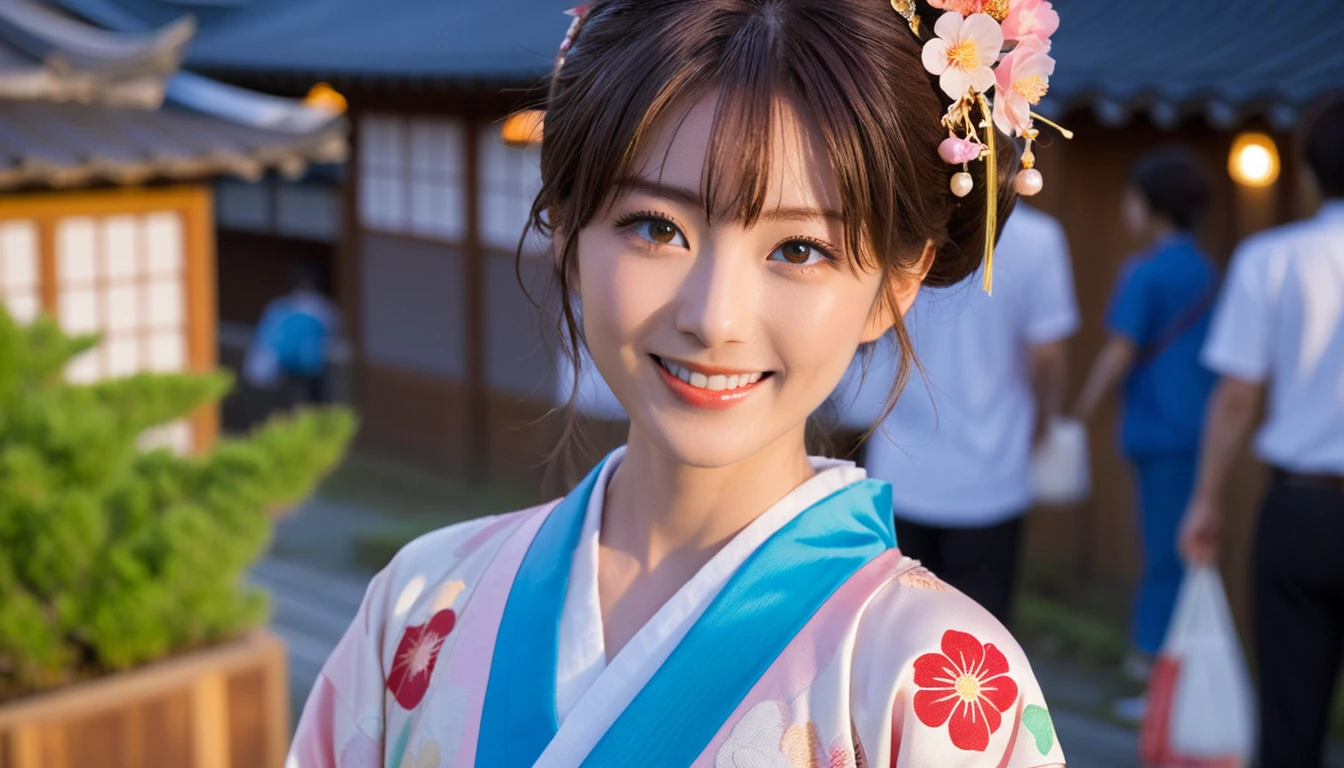 (((Highest quality, 8k, masterpiece))), Sharp focus, (Beautiful woman with perfect figure), thin, (Hairstyle: superior)), ((kimono: Cane)), street: 1.2 非常に詳細な顔と肌の質感 詳細な目 double eyelid ランダムな姿勢, (smile),ssuperiorer cute Japan person,ssuperiorer beauty Japanese girl, Realistic Face, double eyelid,smile,Summer festival , At sunset , Beautiful Teeth , Background of Uchimizu.