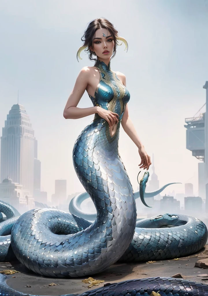 Mermaid in blue bodysuit with snake on back, snake woman hybrid, snake woman, queen of snakes, Snake Human Hybrid, hyperrealistic fantasy art, Trending in CGsociety, karol bak uhd, beautiful digital works of art, Modified carbon style, trending on artstation 4k, her many snakes as hair, stylized urban fantasy artwork