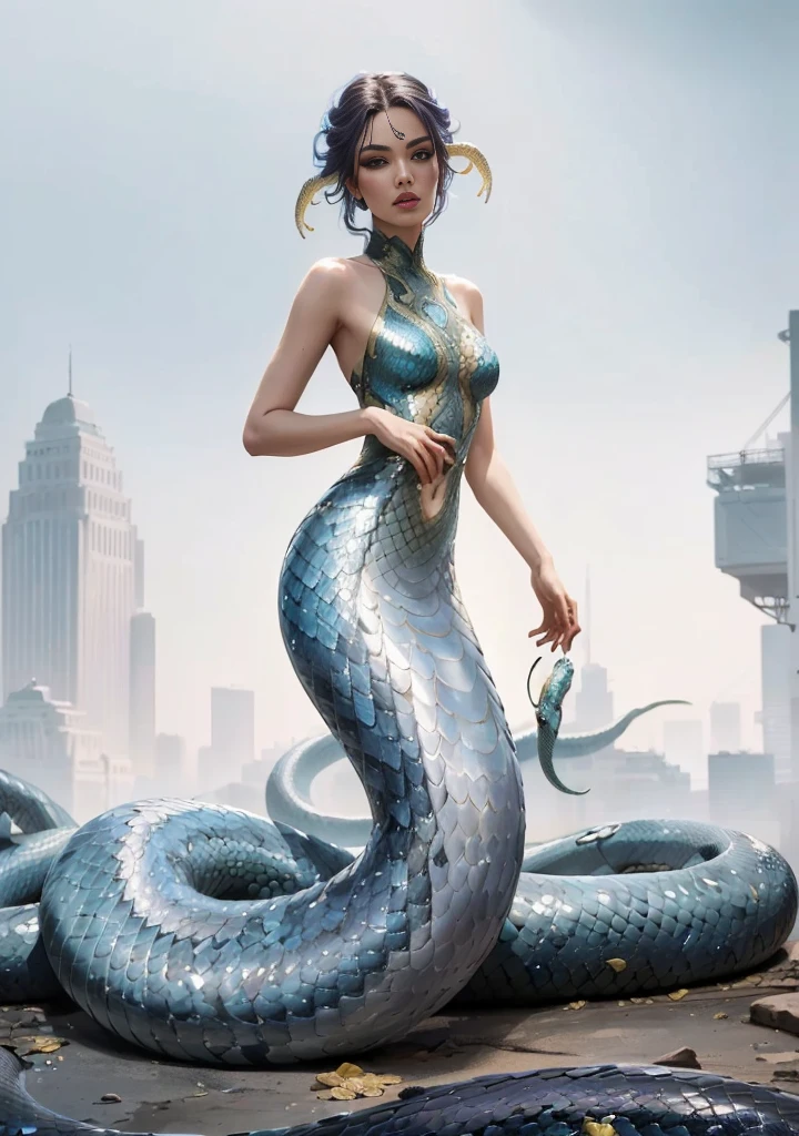 Mermaid in blue bodysuit with snake on back, snake woman hybrid, snake woman, queen of snakes, Snake Human Hybrid, hyperrealistic fantasy art, Trending in CGsociety, karol bak uhd, beautiful digital works of art, Modified carbon style, trending on artstation 4k, her many snakes as hair, stylized urban fantasy artwork