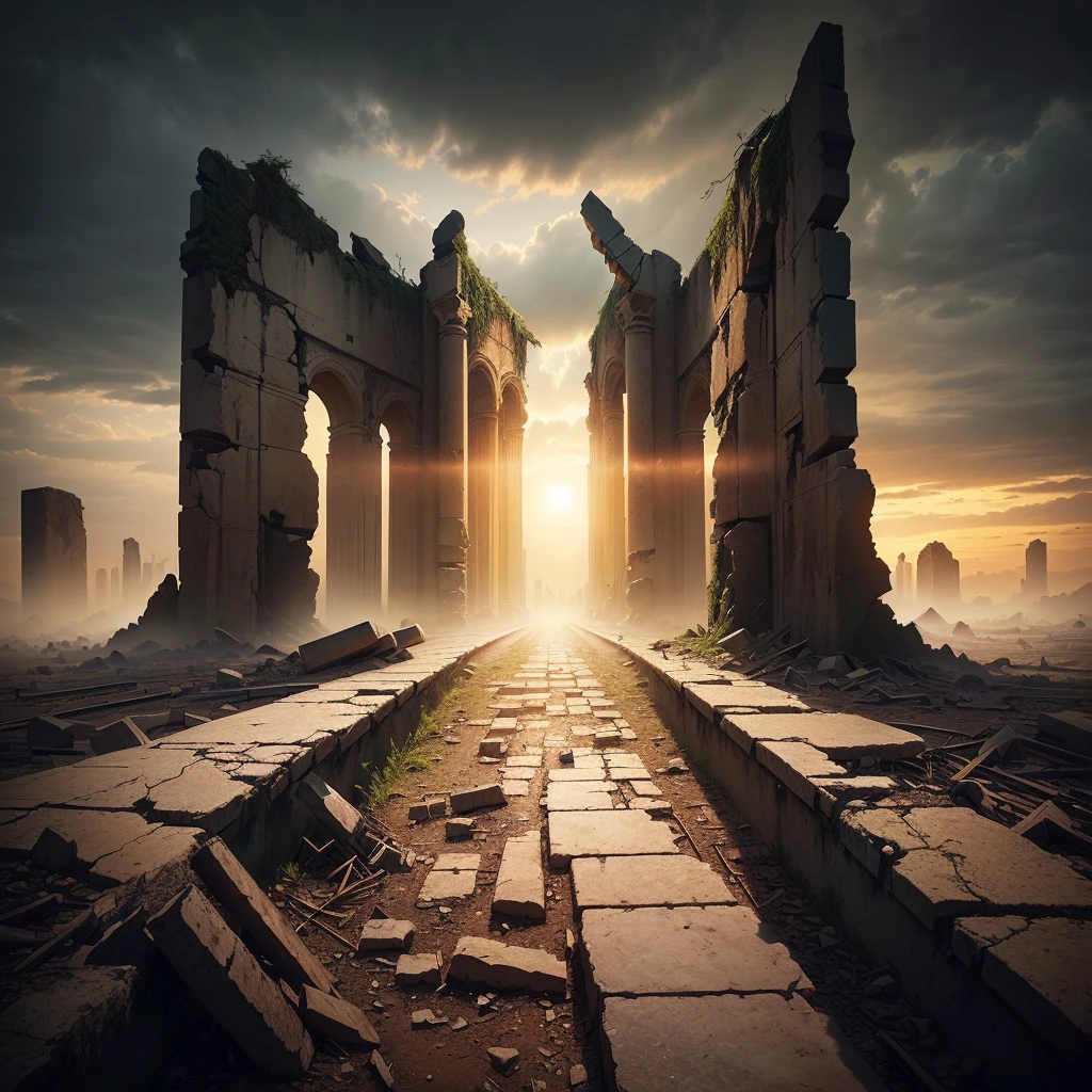 夕陽西下的一座ruins城市的阿拉法德圖像, post apocalyptic ancient ruins, dark ruins landscape, background is the ruins, ruins landscape, End of the world day background, ruins on the background, Doomsday environment, ruins of hell, doomsday landscape, End of the world day background, crumbling ruins, ominous End of the world day background, ruins, Apocalypse of Destruction and Despair, old ruins, dark city ruins ,((low angle shot 1.7)) ((Camera lens close to the ground to shoot 1.8))
