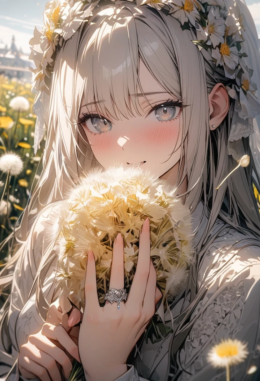 masterpiece, 8k, best quality, highly detailed, a wedding ring made of a dandelion