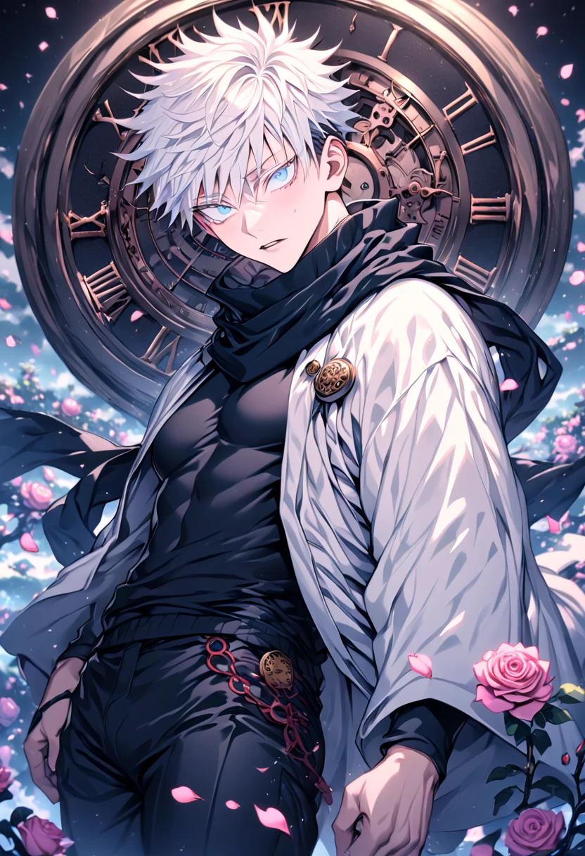 absurdres, highres, ultra detailed, HDR, masterpiece, extremely detailed, Gojou Satoru, white hair, expressive blue eyes, white eyelashes, Jujutsu Kaisen, solo, sexy man, handsome, sensual, black scarf, white haori, tight black turtleneck shirt, pink roses, blossoms, petals, in woderland, clock