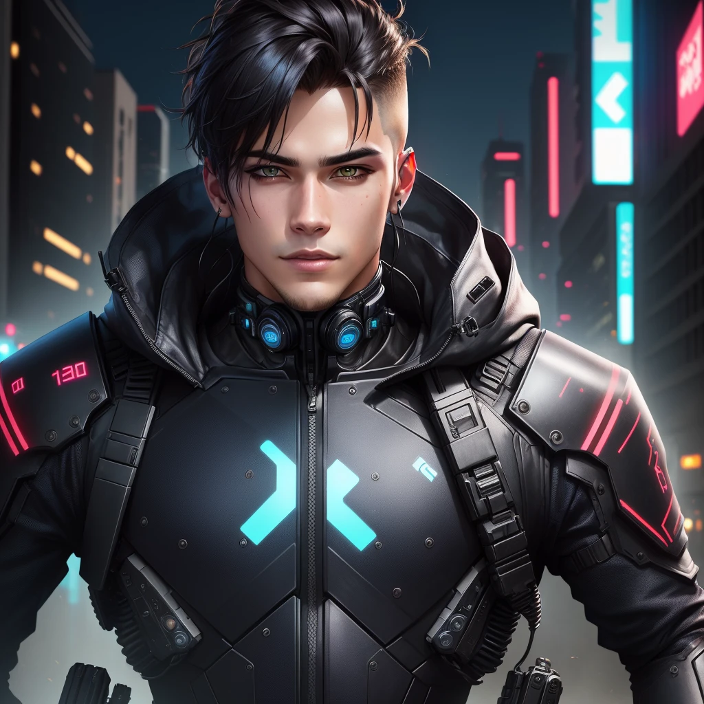 Change background cyberpunk handsome boy, realistic face